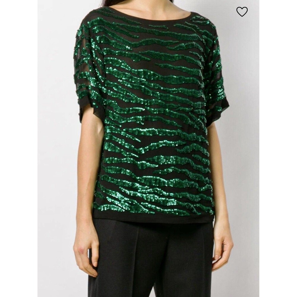 P.A.R.O.S.H Green Black Short Sleeve V Neck Back Sequin Blouse Top Small NWT